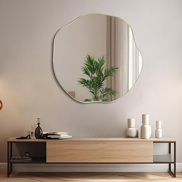 POZINO Irregular Wall Mirror, 35" Large Asymmetrical Mirrors, Gold Scalloped Rounded Mirror, Modern Frameless Abstract Circle Mirrors for Living Room Bedroom Bathroom Entryway Hallway Fireplace