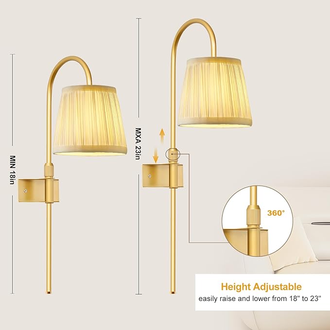 Vintage Battery Operated Wall Sconces Set of 2, Gold Rechargeable Wireless Wall Lamp Lights with Fabric Lampshade & LED Remote Bulb,Dimmable Flower Wall Sconce for Bedroom Living Room Hallway