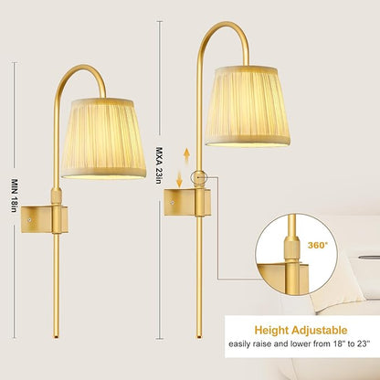 Vintage Battery Operated Wall Sconces Set of 2, Gold Rechargeable Wireless Wall Lamp Lights with Fabric Lampshade & LED Remote Bulb,Dimmable Flower Wall Sconce for Bedroom Living Room Hallway