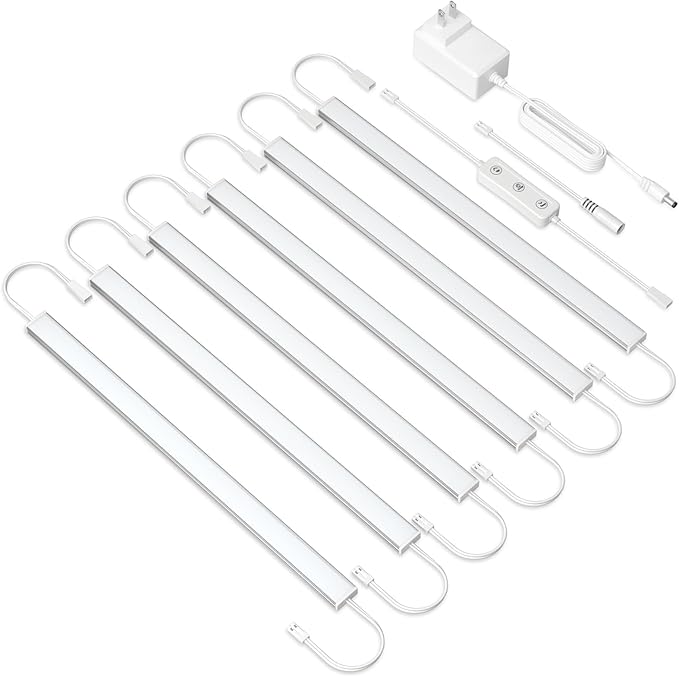Under Cabinet Lighting Plug in. 6 PCS 12 Inch Likable Low Profile Bright Light Strips. Dimmable 24W LED Kit for Kitchen Cabinets Countertop Workbench Counter Shelf Closets Daylight 5000K