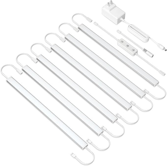 Under Cabinet Lighting Plug in. 6 PCS 12 Inch Likable Low Profile Bright Light Strips. Dimmable 24W LED Kit for Kitchen Cabinets Countertop Workbench Counter Shelf Closets Daylight 5000K