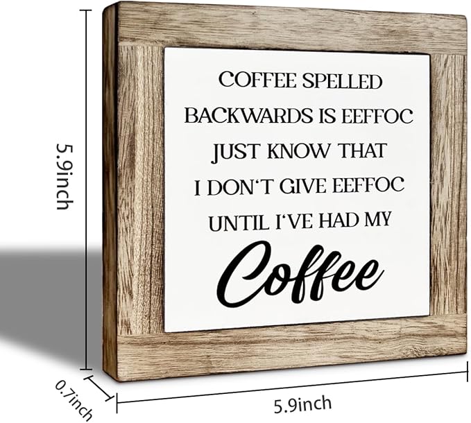 Coffee Bar Decor, Coffee Spelled Backwards Wooden Box Decoration, Rustic Wood Signs for Kitchen Cafe Bar, Funny Office Desk Sign, Freestanding Home Decor 5.9×5.9 inch