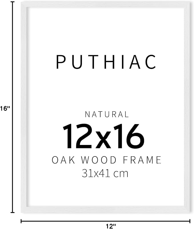 puthiac 12x16 Solid Oak Wood Picture Frame, Fits 8x12 with Mat or 12x16 Without Mat, Wall Display Only, Vertical or Horizontal, Plexi Front, 1 Pack, White