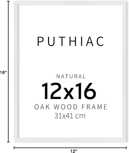 puthiac 12x16 Solid Oak Wood Picture Frame, Fits 8x12 with Mat or 12x16 Without Mat, Wall Display Only, Vertical or Horizontal, Plexi Front, 1 Pack, White