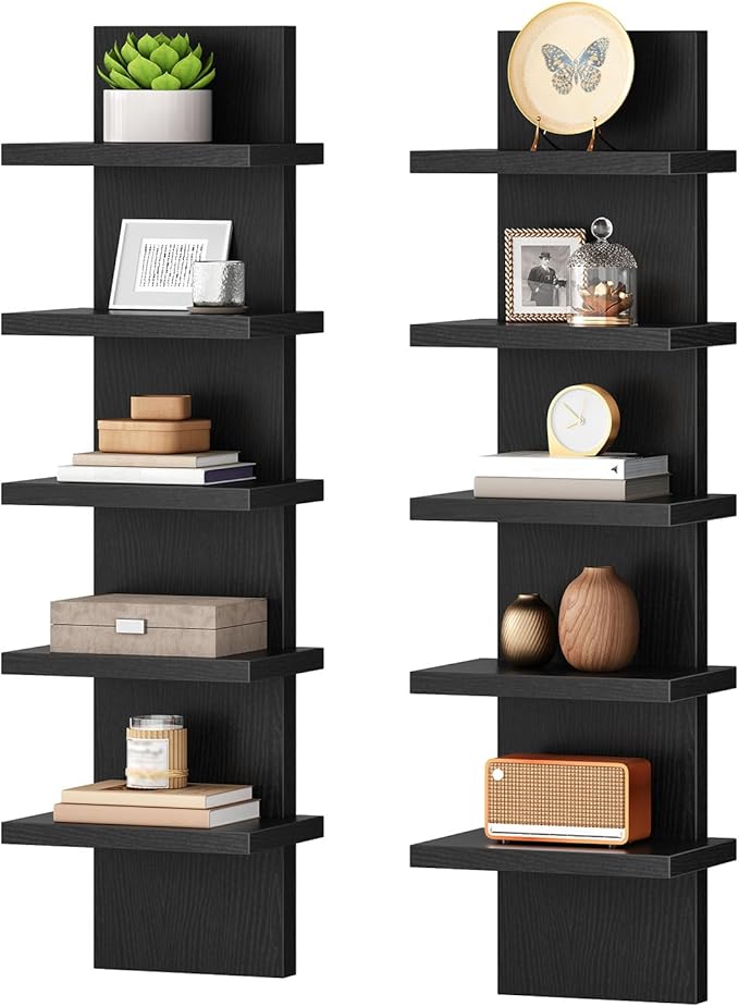 HOOBRO 5 Tier Wall Shelf Unit, 2 Pack Floating Shelves Wall Mounted, Wall Mount Vertical Shelving, Floating Storage Rack, Organizer Tall Tower Design for Livingroom, Bedroom, Kitchen, Black BB18BJP201