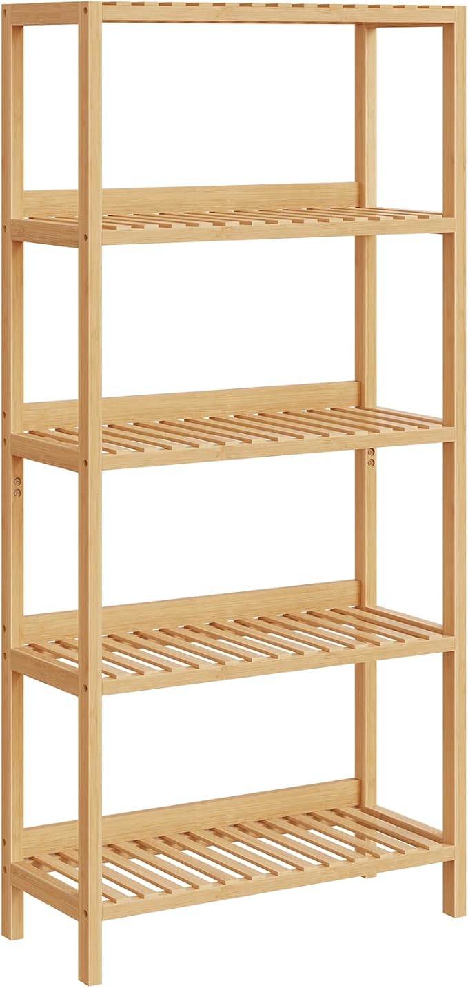 HOOBRO Bamboo Storage Shelf, 5-Tier Freestanding Shelving Unit, Multifunctional Storage Rack with Back Panel, 23.6 x 10.2 x 51.2 inches, for Bathroom, Living Room, Balcony, Kitchen, Natural YL96CJ01