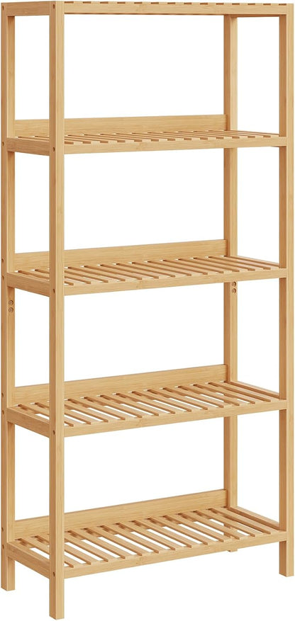 HOOBRO Bamboo Storage Shelf, 5-Tier Freestanding Shelving Unit, Multifunctional Storage Rack with Back Panel, 23.6 x 10.2 x 51.2 inches, for Bathroom, Living Room, Balcony, Kitchen, Natural YL96CJ01