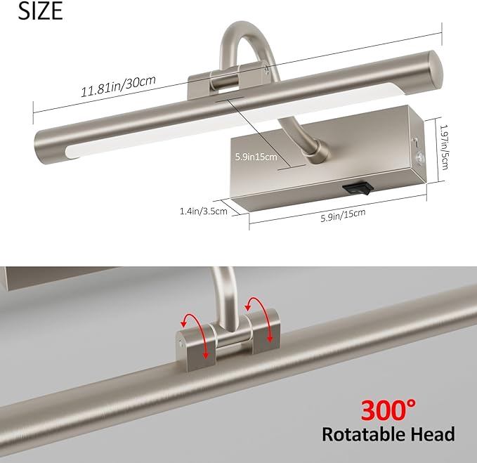 Aipsun 11.8" Nickel Picture Lights for Wall Rechargeable,10000mAh LED Battery Operated Art Light for Paintings,3CCT Dimmable, Rotatable Gallery Light for Pictures Display(Brushed Nickel)