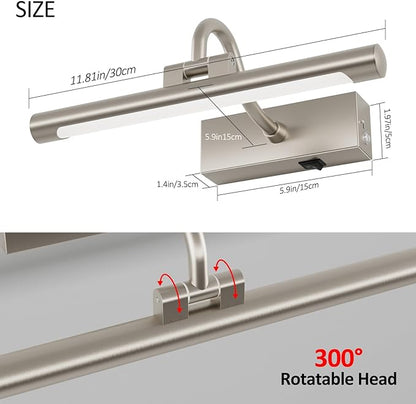 Aipsun 11.8" Nickel Picture Lights for Wall Rechargeable,10000mAh LED Battery Operated Art Light for Paintings,3CCT Dimmable, Rotatable Gallery Light for Pictures Display(Brushed Nickel)