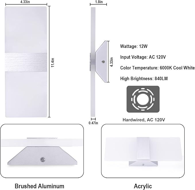 TRLIFE Modern Wall Sconces, Dimmable Wall Sconces Set of 2 Wall Mounted Lights 12W 6000K Cool White Hardwired Wall Sconce Lighting for Bedroom Bedside Living Room Stairway Hotel(2 Pack)
