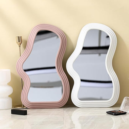 Mokoze Asymmetrical Wall-Mounted Mirror, Creative Unique Decorative Mirrors, Funky Wavy Mirror 15.94"x10.24" Irregular Border Pink Mirror for Bathroom Living Room Decoration