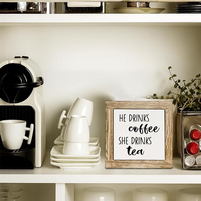 He Drinks Coffee She Drinks Tea Wooden Box Sign, Coffee Bar Sign, Rustic Home Kitchen Shelf Tabletop Decoration, Farmhouse Cafe Signs for Kitchen Decorations 5.9X5.9 Inches