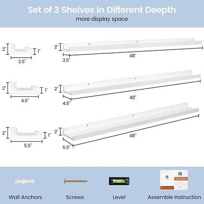 Picture Ledge Shelf for Wall, 48 inches Solid Pine Wood Nursery Book Shelves 3 Pack, Floating Ledge Shelves for Kids' Room, Bedroom, Bathroom Long Floating Shelves for Wall, White
