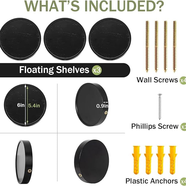 AceList Small Round Floating Shelves (Set of 3), 6 Inch Real Wood Circle Wall Shelf for Bathroom & Bedroom Decor, Matte Black Invisible Mount Display Rack for Plants, Collectibles, and Trophies