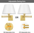 TRLIFE Remote Control Dimmable Wall Sconce, Adjustable Color Temperature 2700K-6500K Brushed Brass Swing Arm Wall Lights with Plug in Cord, 11.8