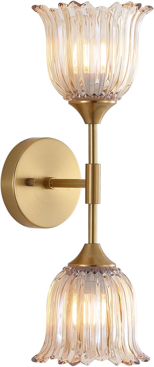 2-Lights Gold Wall Sconce with Amber Glass Shades Modern Mid Century Bathroom Vanity Wall Light Fixtures Industrial Brushed Brass Wall Lamp for Bedroom Mirror Living Room Restaurant