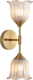 2-Lights Gold Wall Sconce with Amber Glass Shades Modern Mid Century Bathroom Vanity Wall Light Fixtures Industrial Brushed Brass Wall Lamp for Bedroom Mirror Living Room Restaurant