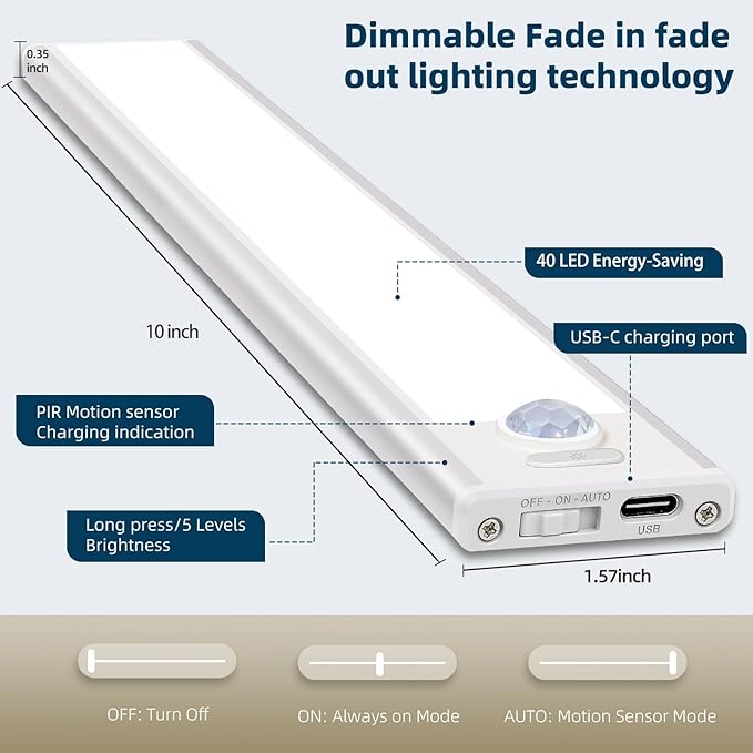 10inch Under Cabinet Lighting, 4 Pack Rechargeable Motion Sensor Light Indoor, Wireless Dimmable Magnetic Closet Lights, 40 LED Under Counter Lights for Kitchen, Wardrobe, Stairs, Warm Light
