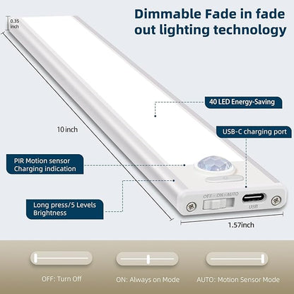10inch Under Cabinet Lighting, 4 Pack Rechargeable Motion Sensor Light Indoor, Wireless Dimmable Magnetic Closet Lights, 40 LED Under Counter Lights for Kitchen, Wardrobe, Stairs, Warm Light