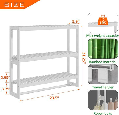 RRX Bathroom Shelf Storage Organizer, Bathroom Shelf 3-Tier Adjustable Layer Bamboo Organizer with Bar,Hanging, Freestanding Over Toilet Utility Shelves,White