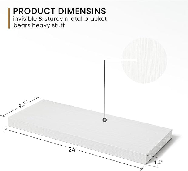 Fun Memories Floating Shelves - 2 Pack 9.3 Inch Deep Rustic Wooden Wall Shelves - Wall Mounted Storage Shelf with Invisible Brackets, 24" W x 9" D x 1.6" H - White