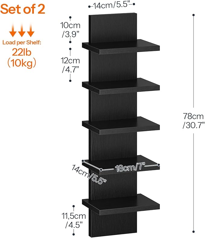 HOOBRO 5 Tier Wall Shelf Unit, 2 Pack Floating Shelves Wall Mounted, Wall Mount Vertical Shelving, Floating Storage Rack, Organizer Tall Tower Design for Livingroom, Bedroom, Kitchen, Black BB18BJP201