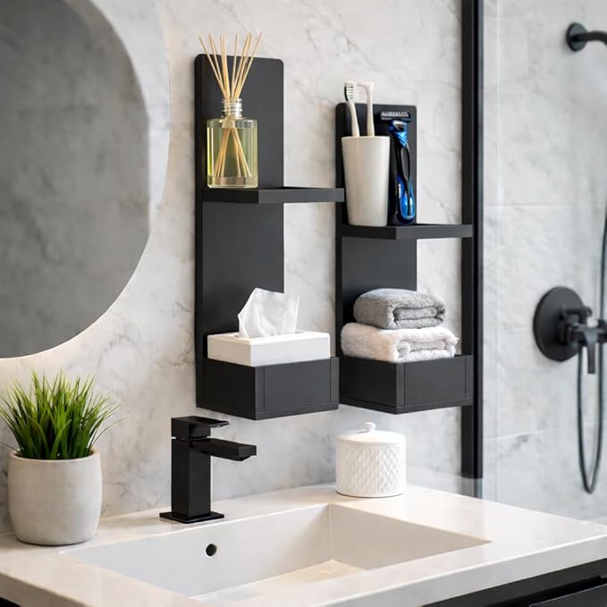 2-Tier Black Floating Wall Shelf, 20x8x6 Wall-Mounted Wooden Beside Shelf/Nightstand for Home Décor, Plants, Cosmetics, Bathroom, Kitchen, Bedroom Storage (Black with Box)