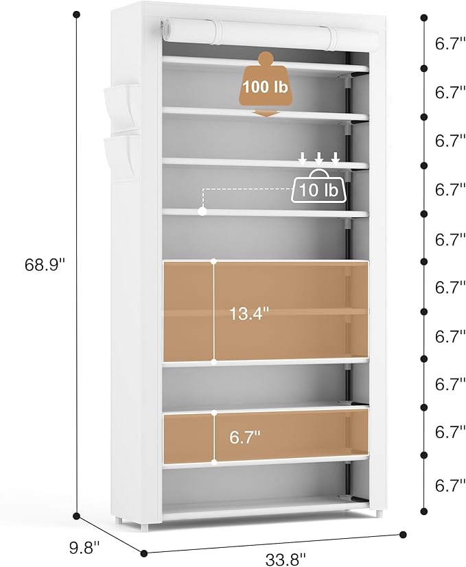 ROJASOP Shoe Rack with Covers 10 Tier Large Shoe Organizer Tall Shoe Closet Storage for 50-55 Pairs Shoe and Boot, Free Standing Shoe Rack Organizer for Closet, Entryway, Bedroom, White