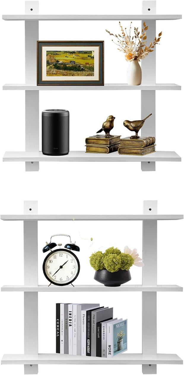3 Tier Floating Shelves,Long Wall Shelf,Over The Toilet Shelves Bathroom Hanging Display Storage Rustic for Living Room Bedroom Kitchen Office Coffee Bar Decor Decorative,24 Inch,2 Pack,(White)