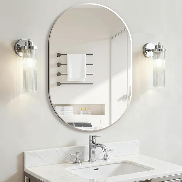 Oval Bathroom Mirror Capsule Wall Vanity Mirror, 24"x36" Pill Mirrors Wall Mounted Mirror, Large Modern Mirror with Silver Metal Frame, Decor for Entryway, Bedroom, Living Room