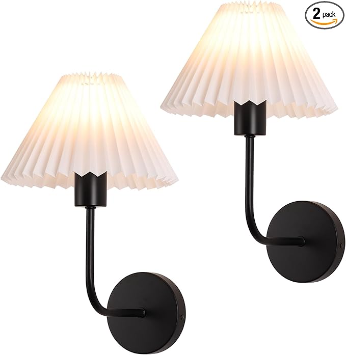 Wall Sconces Sets of 2, White Pleated Fabric lampshade, Matte Black Wall Lamp Curved Wall Lighting Bathroom Dresser Hardwired sconces wall decor Fixture Applicable to Living Room Bedroom Dining Room