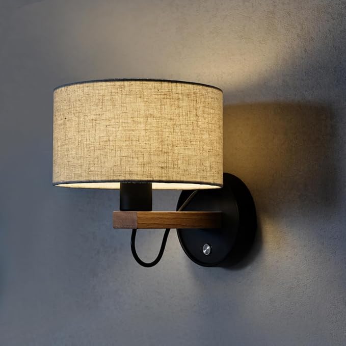 Wall Mounted Bedside Lamp,Hardwired Wall Sconce with Switch,Wall Lamps for Bedroom With Fabric Shade,Vintage Wood Wall Light E26 for Living Room,Dining Room,Hallway,Stairway,Lampara para sala de Pared