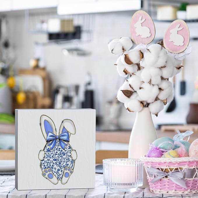 Funny Easter Decorations Easter Table Decor Egg Bunny Decor Blue And White Chinoiserie Decor Wooden Box Sign for Home Office Bedroom Living Room Desk Shelves