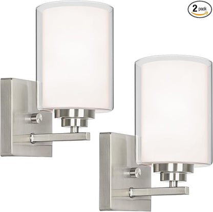Set of 2 Wall Sconces for Bathroom, Modern Vanity Light Fixtures, Nickle Wall Mount Lighting Lanterns, Farmhouse Wall Lights with Double Clear Glass Shade for Bedroom Living Room Mirror Hallway