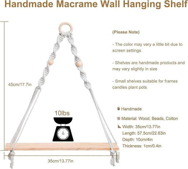 Artilady Macrame Wall Hanging Shelf - Boho Wood Wall Shelves with Wood Beads, Farmhouse Floating Shelf Rustic Hanging Plant Shelf for Bedroom Living Room Preppy Room Nursery Decor