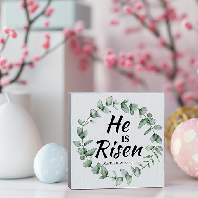 He Is Risen Decor Easter Religious Decorations Christian Easter Decorations Spring Decor Wooden Box Sign for Home Office Bedroom Living Room Desk Shelves