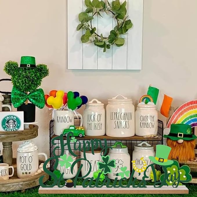 MEETYAMOR St Patricks Day Decorations, Wood Metal Happy St Patricks Day Sign for Table Decor, Farmhouse Rustic St Patricks Day Decorations for The Home, Kitchen, Mantle, Shelf