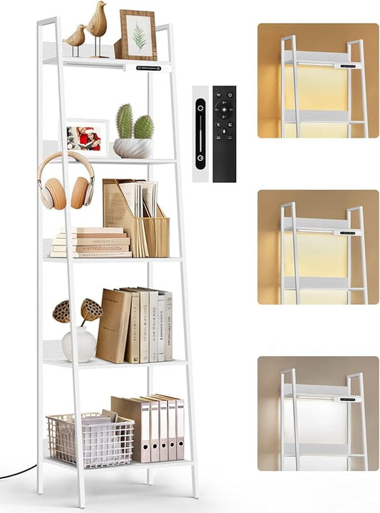 5-Tier Small Ladder Shelf with LED Lights, Touch & Remote Control, 3 Color Temperatures, Dimmable Tall Corner Standing Bookcase, Metal Wood Display Shelf for Living Room, Bedroom(White)