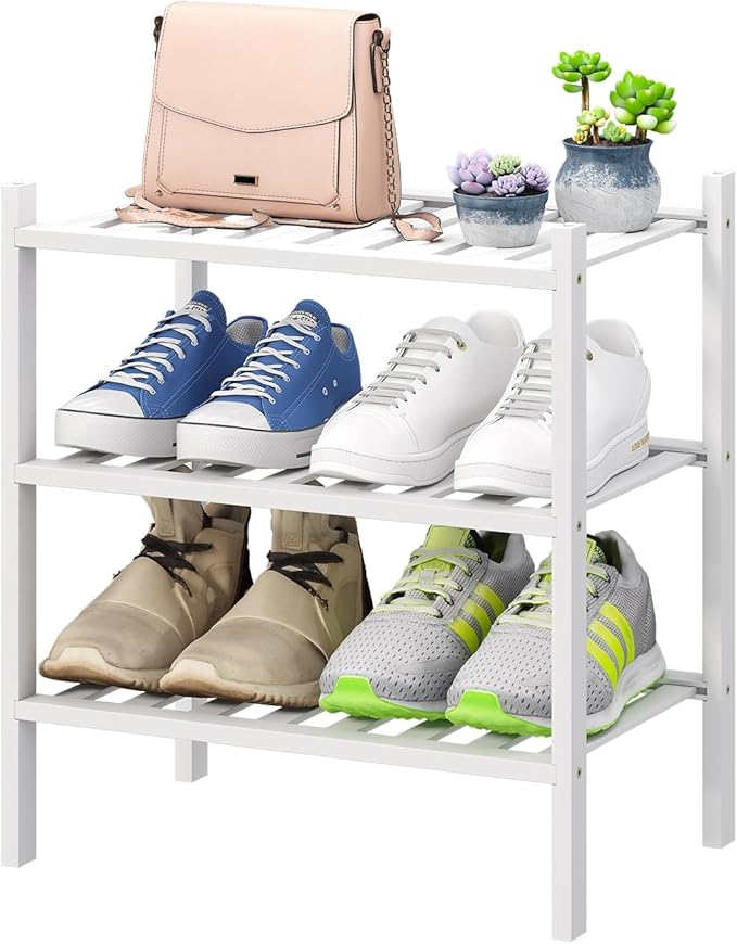 Small Shoe Rack for Entryway, White Shoe Organizer for Closet, Bamboo Wood Standing Shoe Shelf for Indoor Outdoor (White, 3-Tier_Samll)