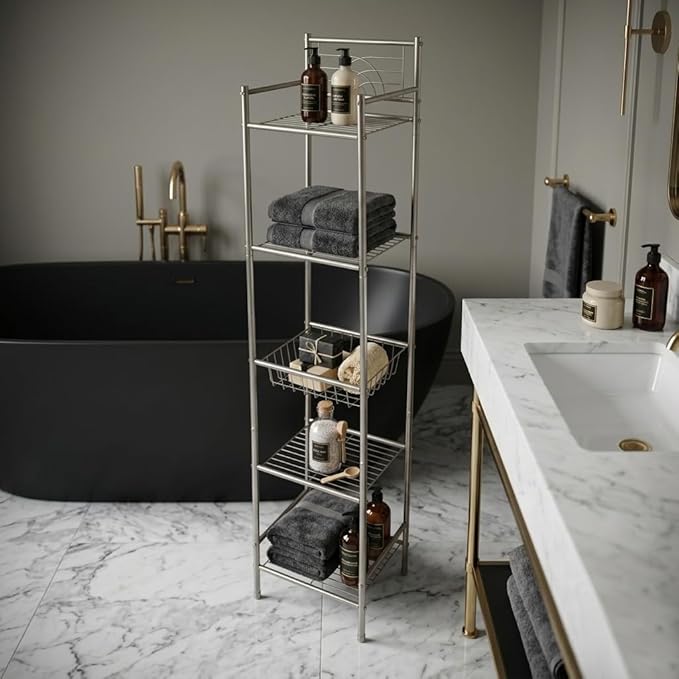 Bath Bliss 5 Tier Storage Shelf | 13"x 11.6"x 58.5" | Freestanding | Bathroom Storage | Rust Resistant | Easy Assemble | Satin