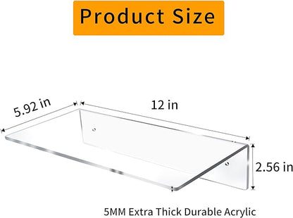 12 Inch L-Shaped Acrylic Floating Shelf Clear Wall Mounted Shelves Invisible 5MM Thick Shelf for Wall Storage Clear Shelves for Makeup Photo Picture Book Record Display 3 Pack