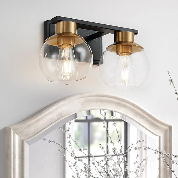 PAZALA 2 Light Vanity Lights, Black Gold Bathroom Wall Sconce Light with Globe Glass Shade, Bathroom Light Fixture Over Mirror for Bedroom, Living Room, Hallway (E26 Base)