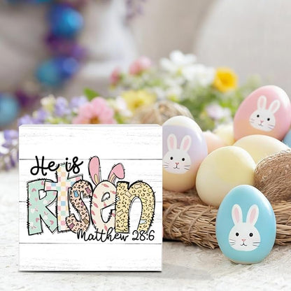 Funny Easter Christian Sign Easter Bunny Decor Religious Jesus Bunny Rabbit Decor Decorations for Home Office Desk Tiered Tray He Is Risen Matthew 28:6 Sign 5 X 5 Inch