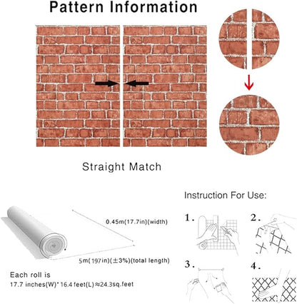 Cohoo Home Red Brick Wallpaper Peel and Stick Contact Paper 18inW 197inL Faux 3D Brick Contact Paper Self Adhesive Removable Wallpaper Backsplash Wrapping Fireplace Wall Sticky Waterproof Vinyl