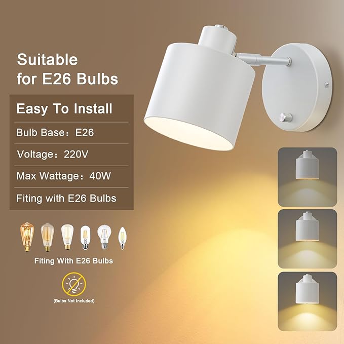 LIGHTESS Wall Sconces Set of Two with Switch, Dimmable Indoor Hardwired Wall Sconce, Industrial Wall Lights for Bedroom, Living Room, Bathroom, Hallway, Kitchen (Not Included Bulb)
