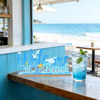 MEETYAMOR Coastal Beach Decor, Wood Metal Welcome to the Beach Sign for Table Decor, Farmhouse Rustic Nautical Ocean Decorations for Home, Living Room, Mantel, Shelf