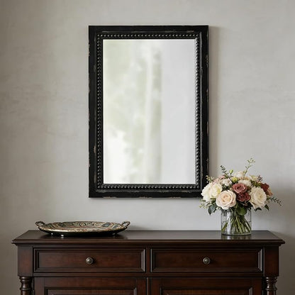 Rustic Black Mirror with Beaded Detailing 29 X 20 Inch, Wall Hanging Distressed Wood Frame Rectangular Gothic Wall-Mounted Mirrors for Living Room Bathroom Entryway, Horizontal or Vertical