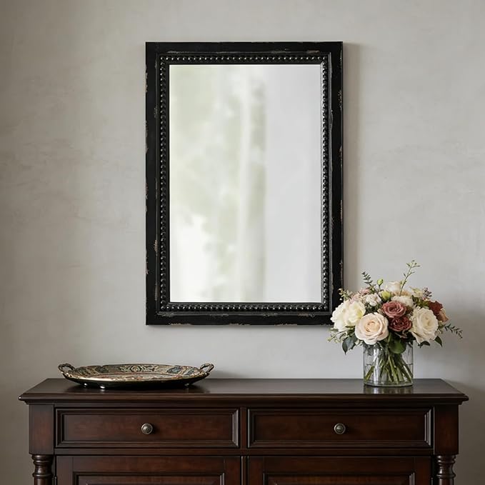 Rustic Black Mirror with Beaded Detailing 29 X 20 Inch, Wall Hanging Distressed Wood Frame Rectangular Gothic Wall-Mounted Mirrors for Living Room Bathroom Entryway, Horizontal or Vertical