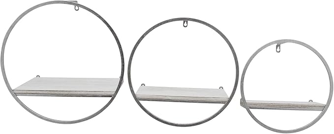 Set of 3 Metal and Wood Round Wall Shelves – Floating Storage Shelves for Wall, Living Room or Bedroom Wall Decor, Modern Circular Wall Storage, Home Decor – 16 & 14 & 12" Silver Metallic Finish