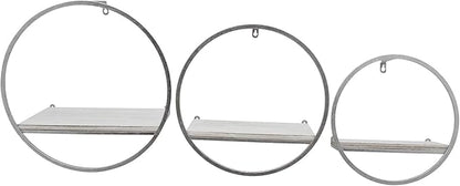 Set of 3 Metal and Wood Round Wall Shelves – Floating Storage Shelves for Wall, Living Room or Bedroom Wall Decor, Modern Circular Wall Storage, Home Decor – 16 & 14 & 12" Silver Metallic Finish